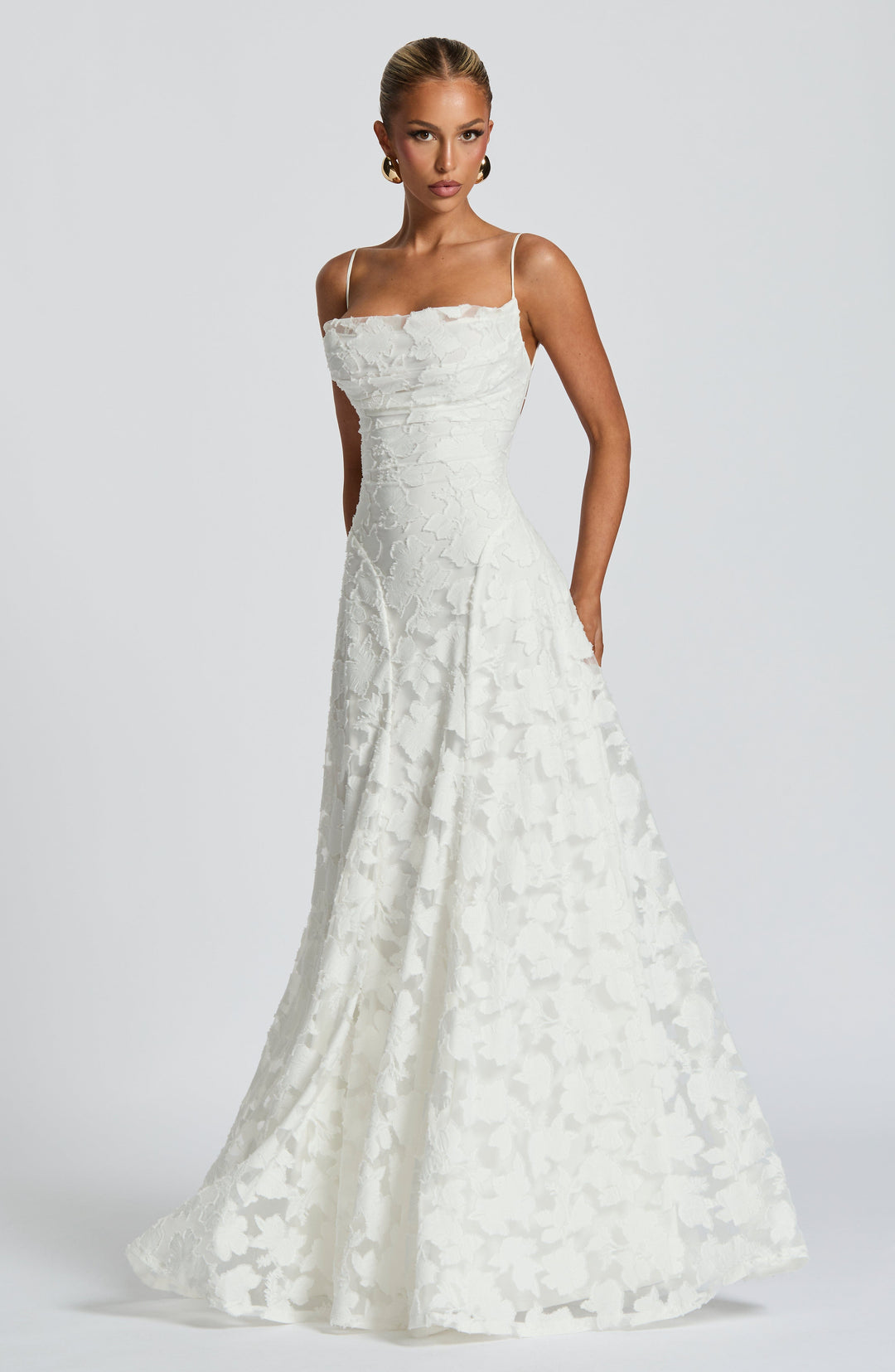 Floral Appliqué Spaghetti Strap Cowl Neck A Line Maxi Dress - Formal Evening Gown