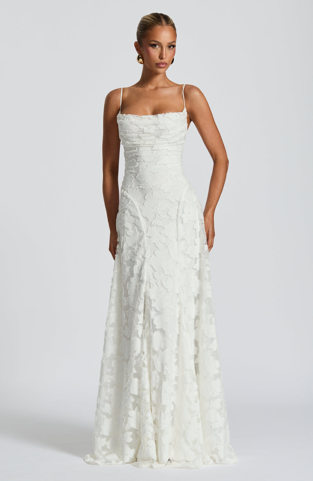 Floral Appliqué Spaghetti Strap Cowl Neck A Line Maxi Dress - Formal Evening Gown