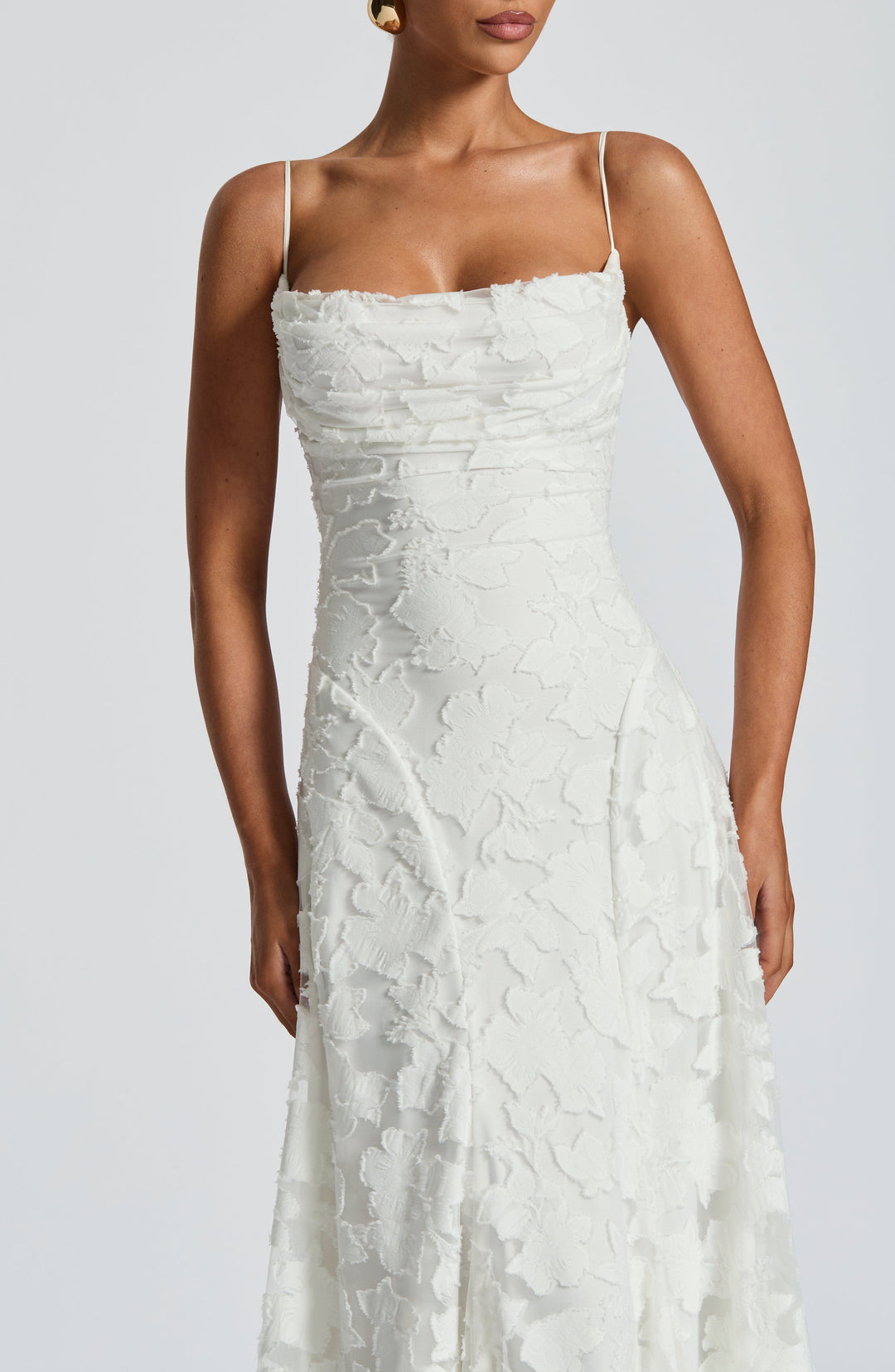 Floral Appliqué Spaghetti Strap Cowl Neck A Line Maxi Dress - Formal Evening Gown