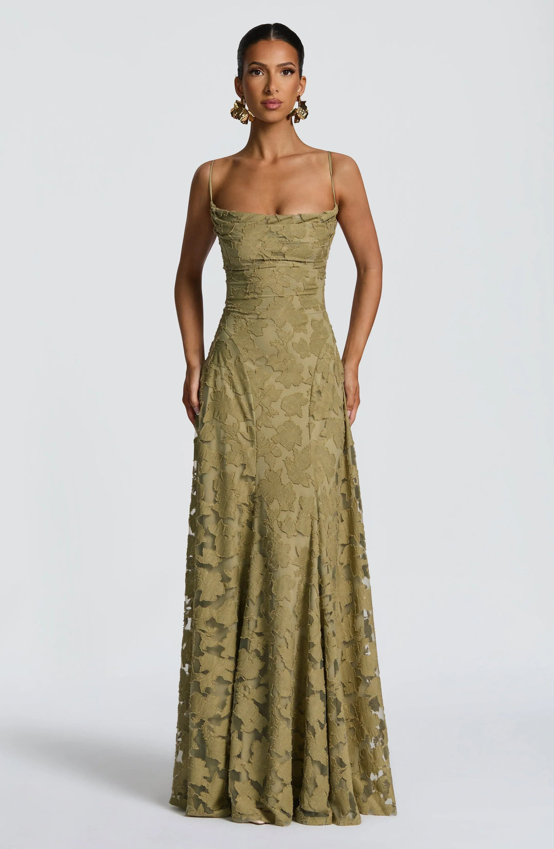 Floral Appliqué Spaghetti Strap Cowl Neck A Line Maxi Dress - Formal Evening Gown