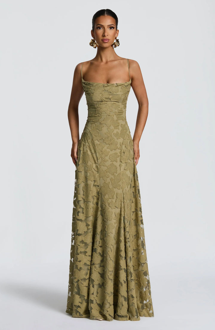 Floral Appliqué Spaghetti Strap Cowl Neck A Line Maxi Dress - Formal Evening Gown