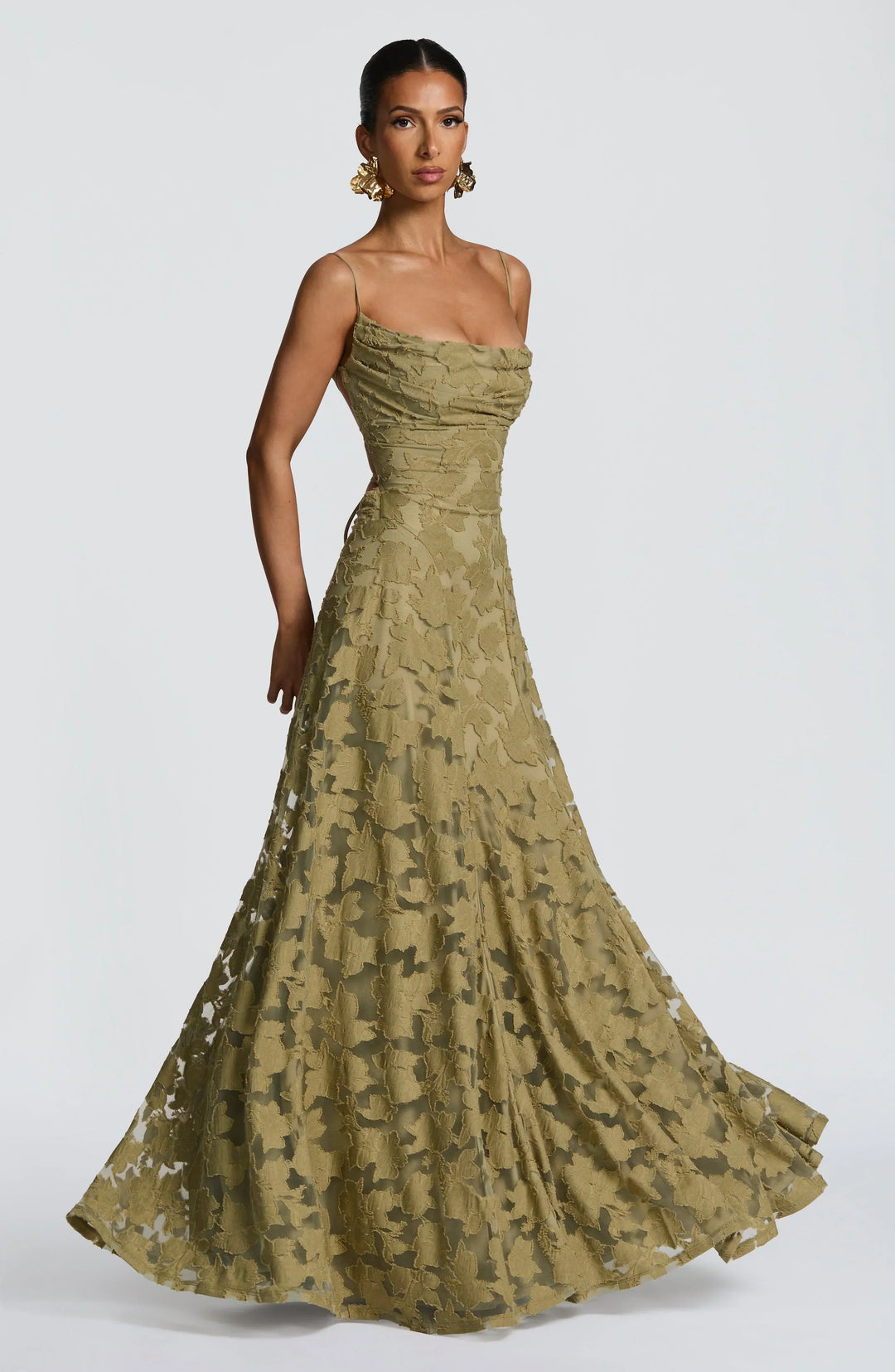 Floral Appliqué Spaghetti Strap Cowl Neck A Line Maxi Dress - Formal Evening Gown