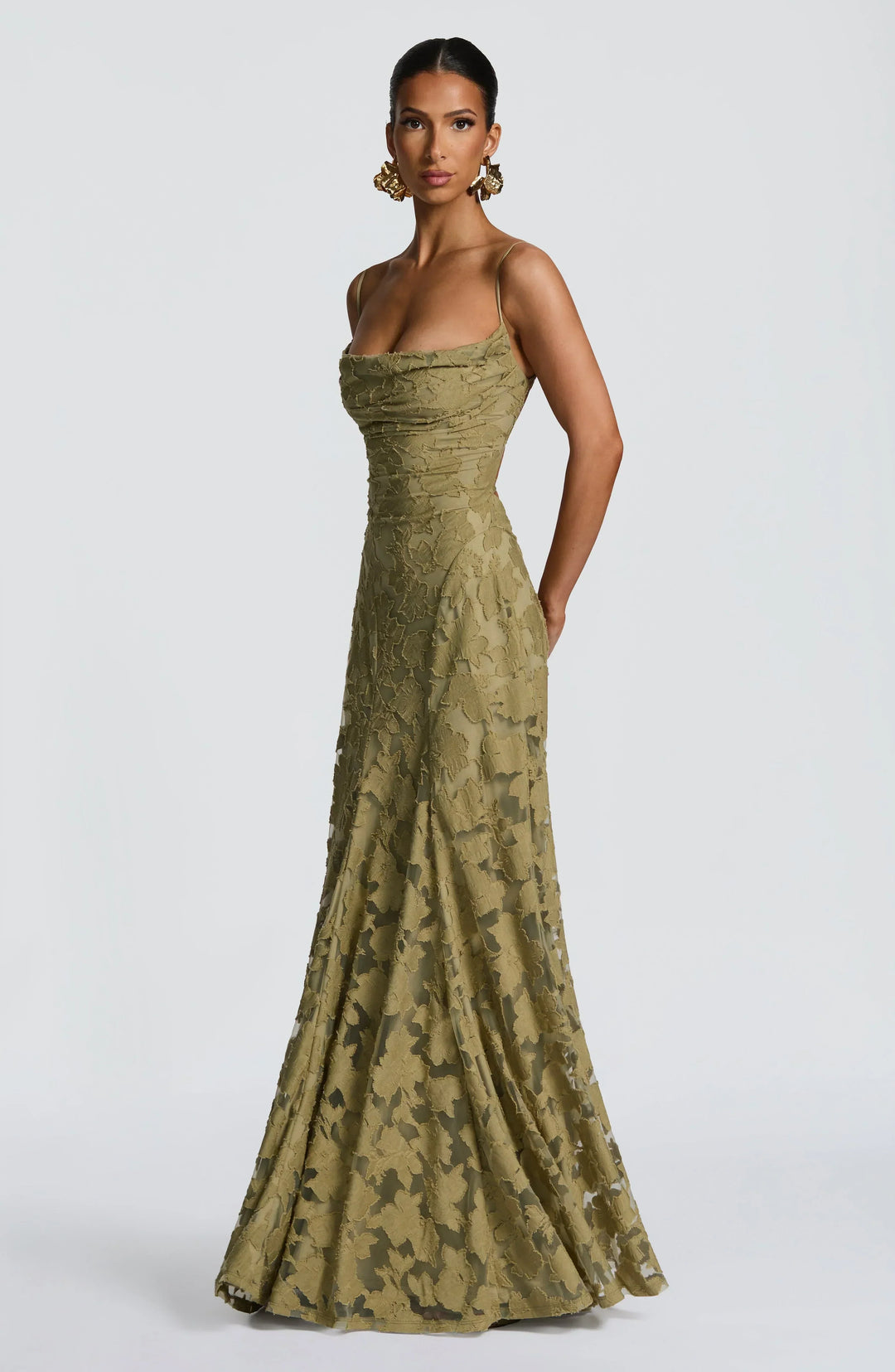 Floral Appliqué Spaghetti Strap Cowl Neck A Line Maxi Dress - Formal Evening Gown