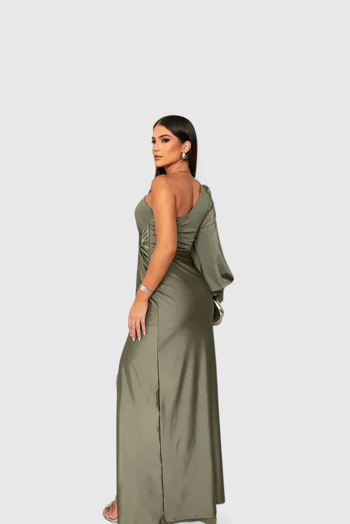Elegant One Shoulder Satin Maxi Dress With High Split