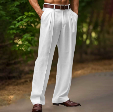 Double Pleat High Rise Wide Leg Tailored Linen Dress Pants