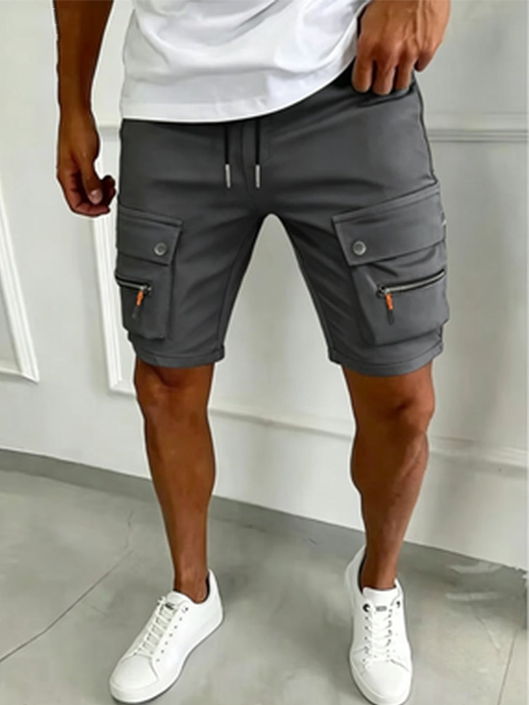 Zip Pocket Snap Flap Drawstring Slim Fit Mens Cargo Shorts