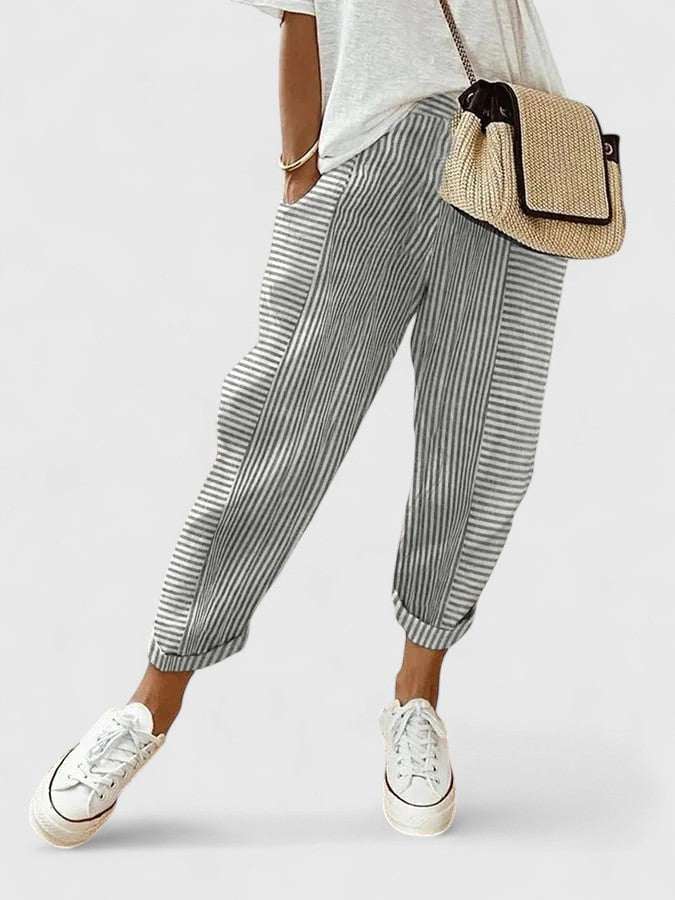 Striped Elasticated Tapered Capri Pants Women - Casual Cotton
