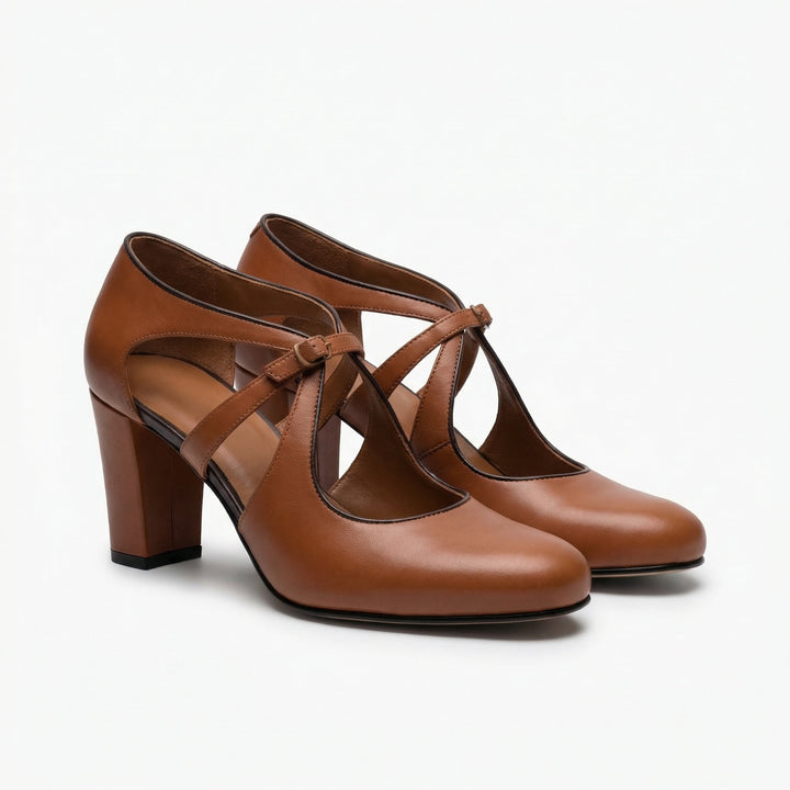 Crossover Strap Buckle Detail Round Toe Leather Block Heel