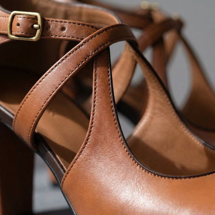 Crossover Strap Buckle Detail Round Toe Leather Block Heel