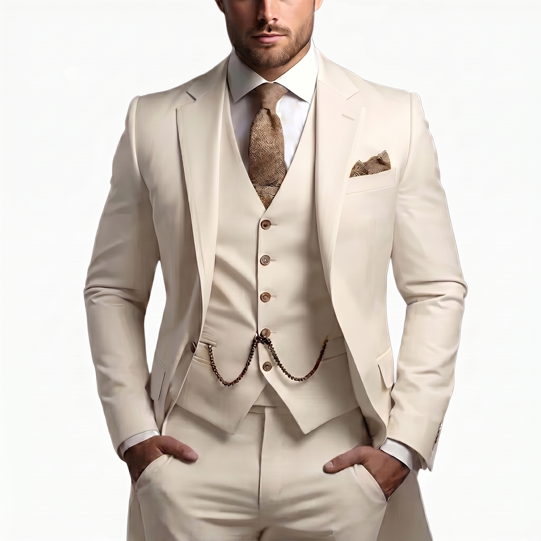 Peak Lapel Single Button Waistcoat Three Piece Slim Fit Men's Suit