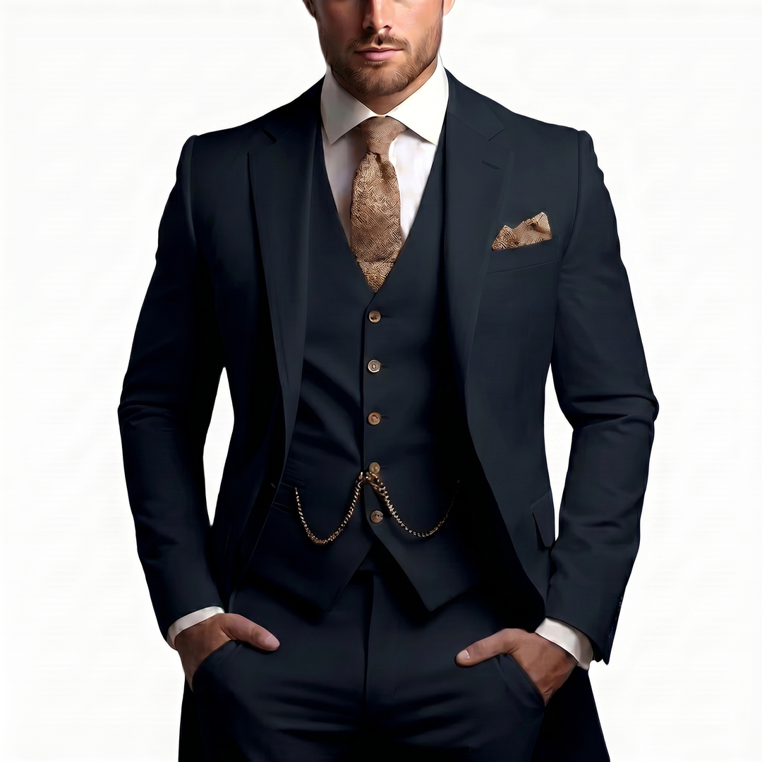 Peak Lapel Single Button Waistcoat Three Piece Slim Fit Men's Suit