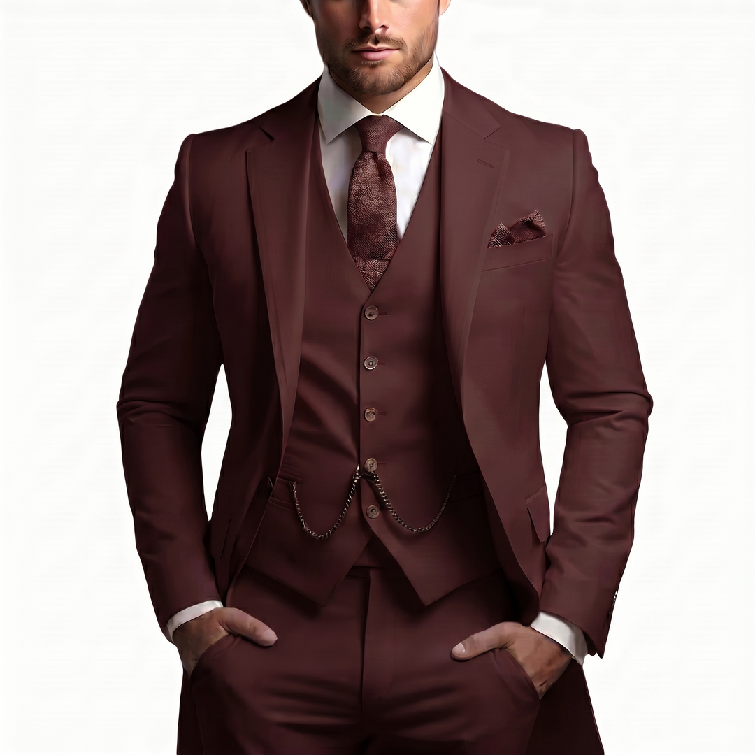 Peak Lapel Single Button Waistcoat Three Piece Slim Fit Men's Suit