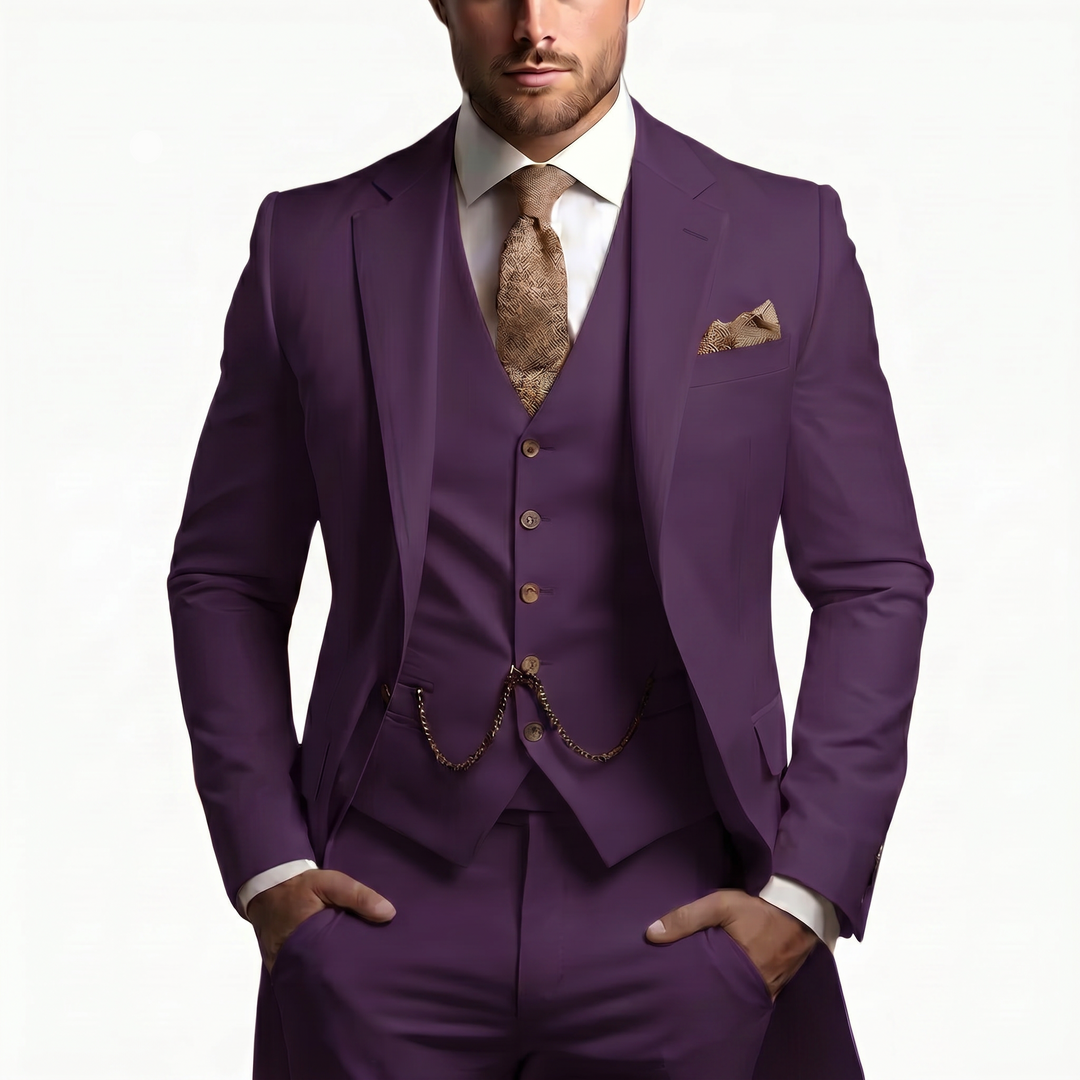 Peak Lapel Single Button Waistcoat Three Piece Slim Fit Men's Suit