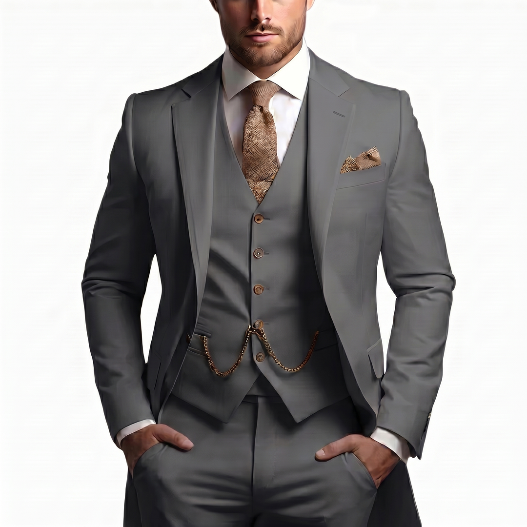 Peak Lapel Single Button Waistcoat Three Piece Slim Fit Men's Suit