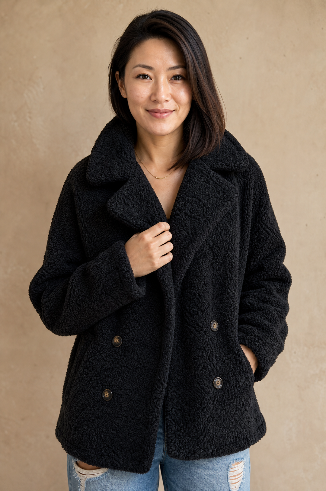 Marisol | Women's Double-Breasted Teddy Fleece Jacket