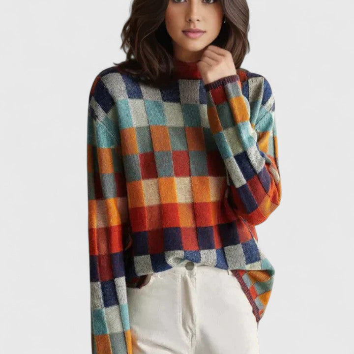 Odalys | Women's Checkerboard Print Mock Neck Sweater
