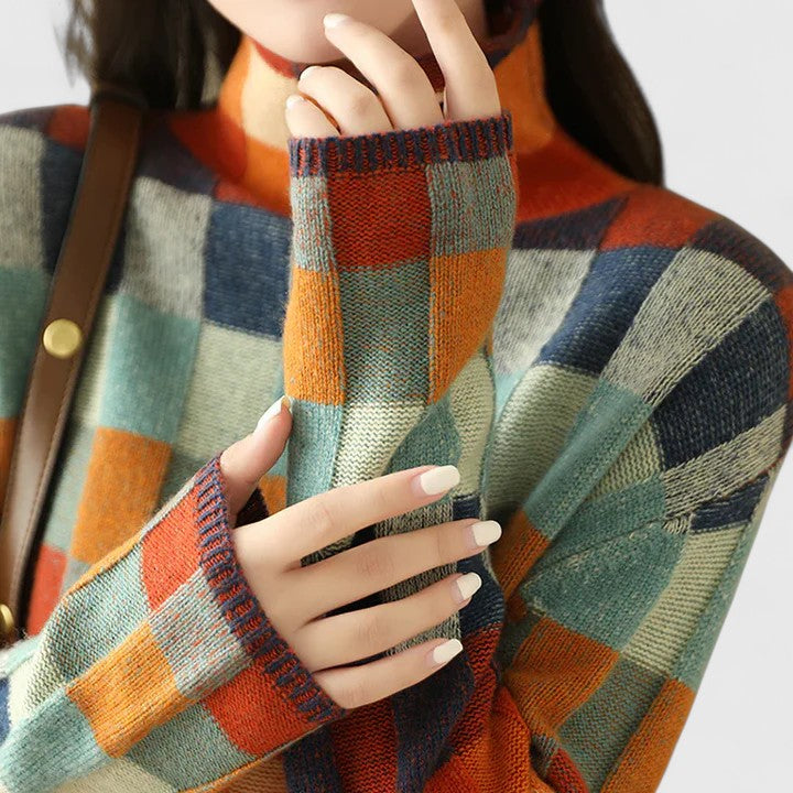 Odalys | Women's Checkerboard Print Mock Neck Sweater