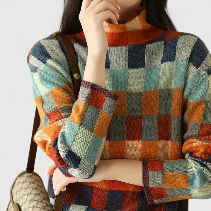 Odalys | Women's Checkerboard Print Mock Neck Sweater