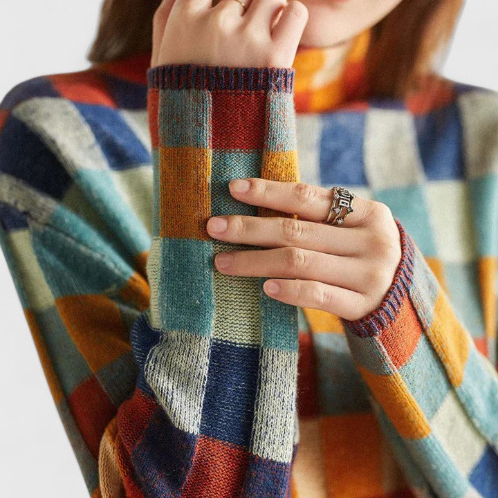 Odalys | Women's Checkerboard Print Mock Neck Sweater