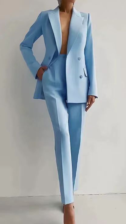Double Breasted Blazer Slim Trouser Suit Set Women