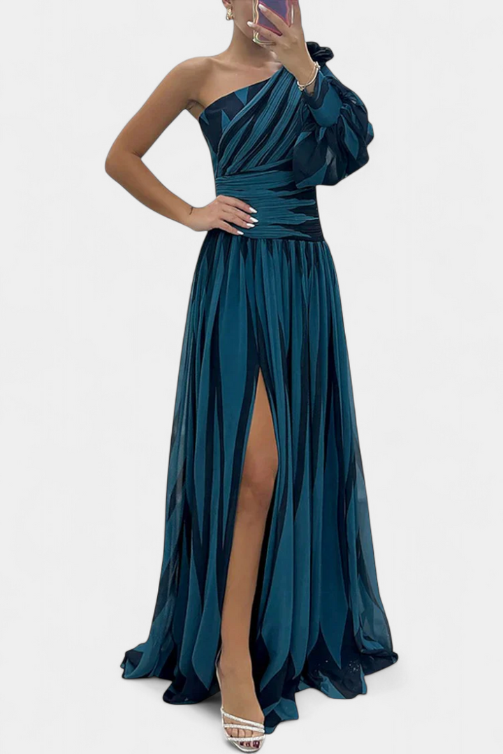 Elegant One Shoulder Printed Maxi Dress High Split