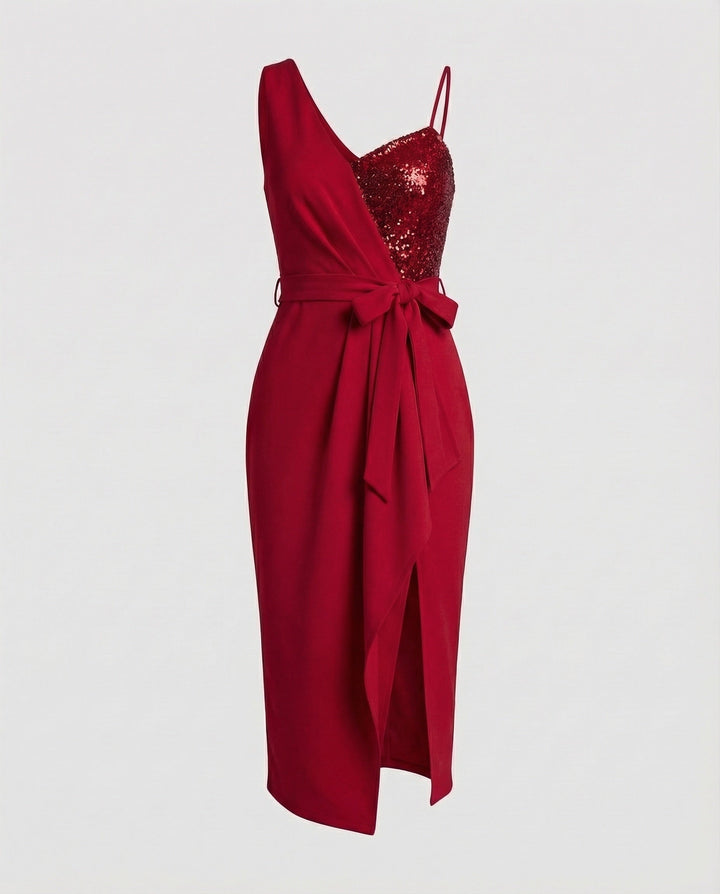 Sequin Bodice One Shoulder Bodycon Midi Dress - Cocktail Party