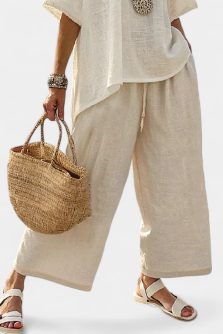 Asymmetric Linen Top Wide Leg Trouser Set Women
