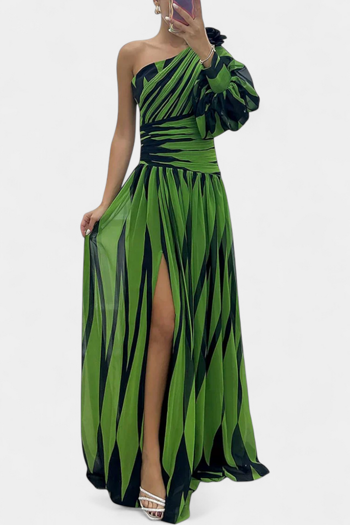 Elegant One Shoulder Printed Maxi Dress High Split