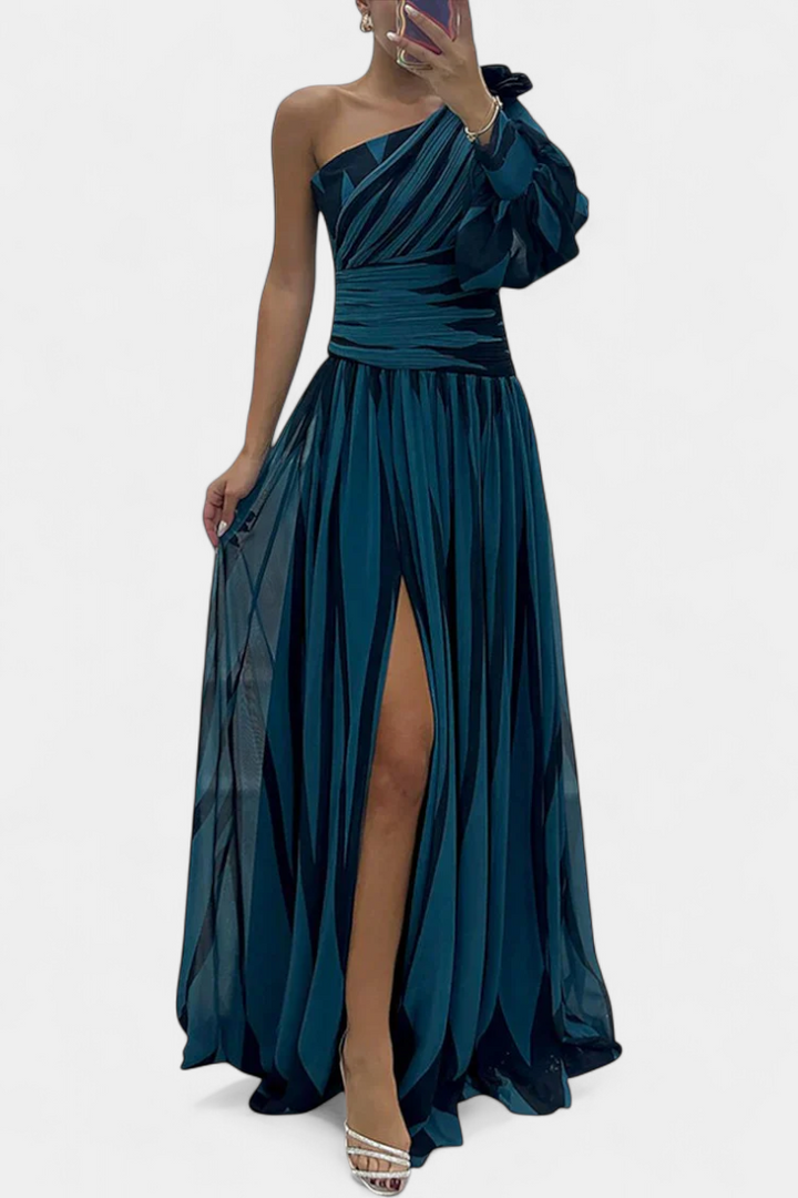 Elegant One Shoulder Printed Maxi Dress High Split