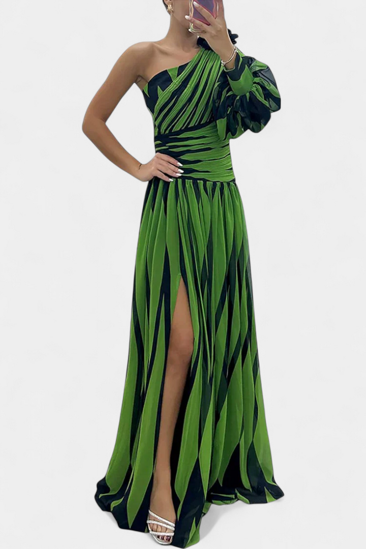 Elegant One Shoulder Printed Maxi Dress High Split