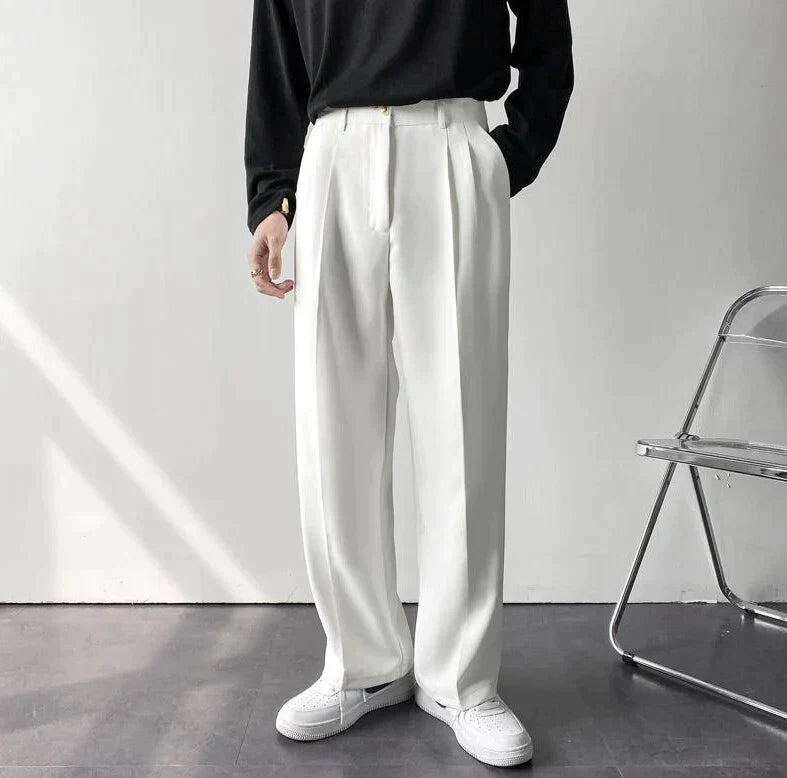 Pleated Wide Leg Suit Trousers - Smart Casual Tailored Fit