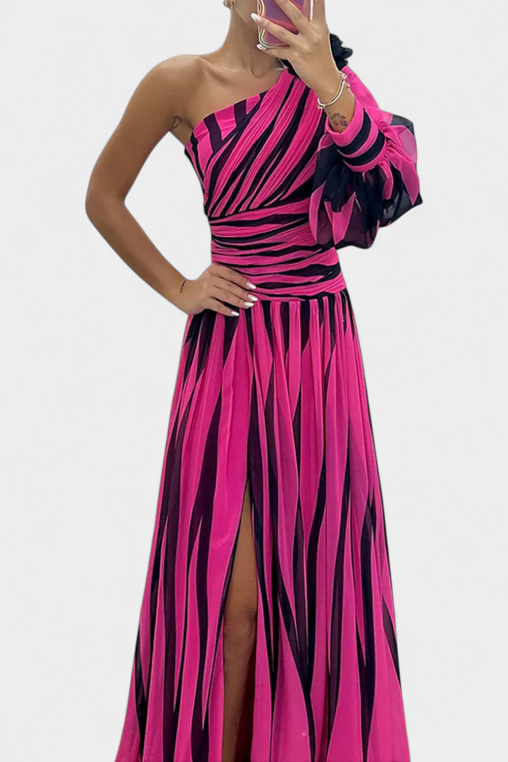 Elegant One Shoulder Printed Maxi Dress High Split
