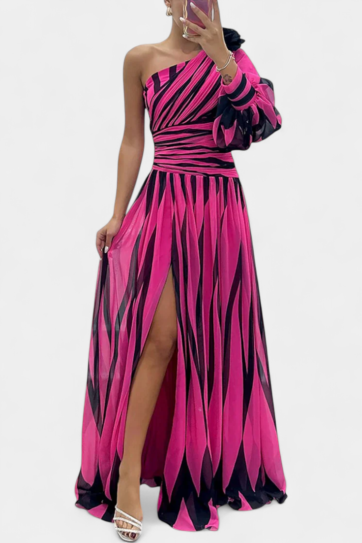 Elegant One Shoulder Printed Maxi Dress High Split
