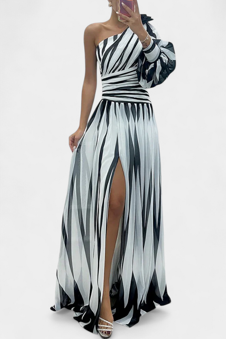 Elegant One Shoulder Printed Maxi Dress High Split