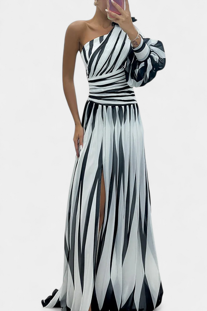 Elegant One Shoulder Printed Maxi Dress High Split