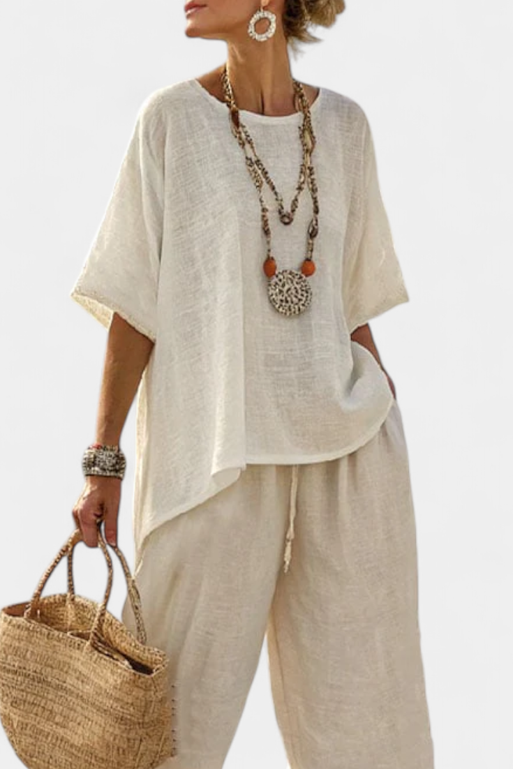 Asymmetric Linen Top Wide Leg Trouser Set Women