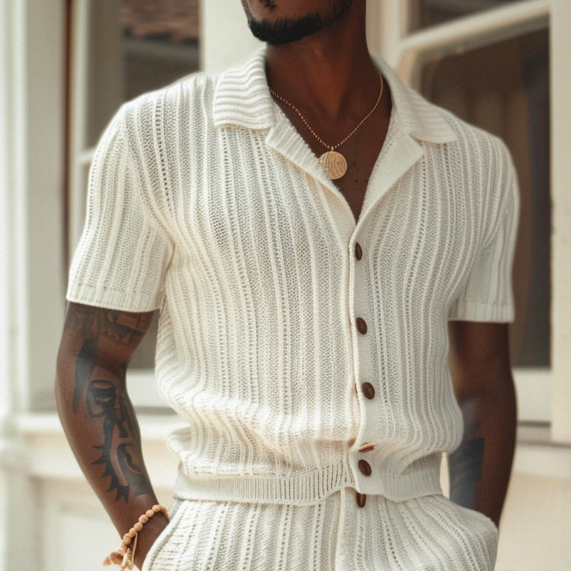 Open Knit Stripe Button Down Short Sleeve Shirt and Short Set