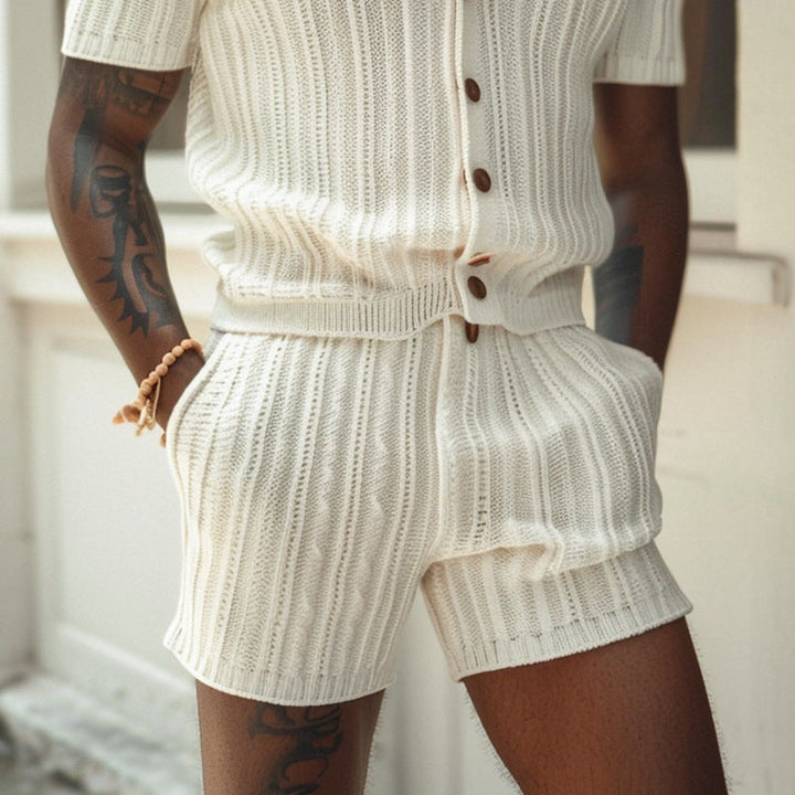 Open Knit Stripe Button Down Short Sleeve Shirt and Short Set