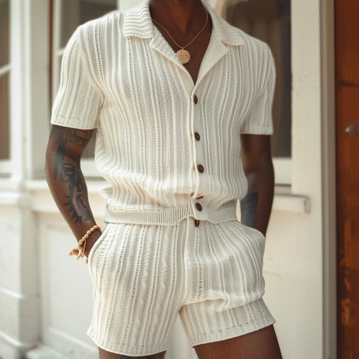 Open Knit Stripe Button Down Short Sleeve Shirt and Short Set