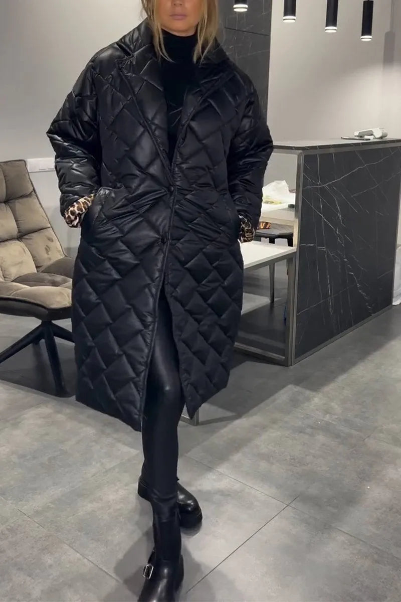 Josephine | Women's Diamond Quilted Coat with Leopard Cuff Detail