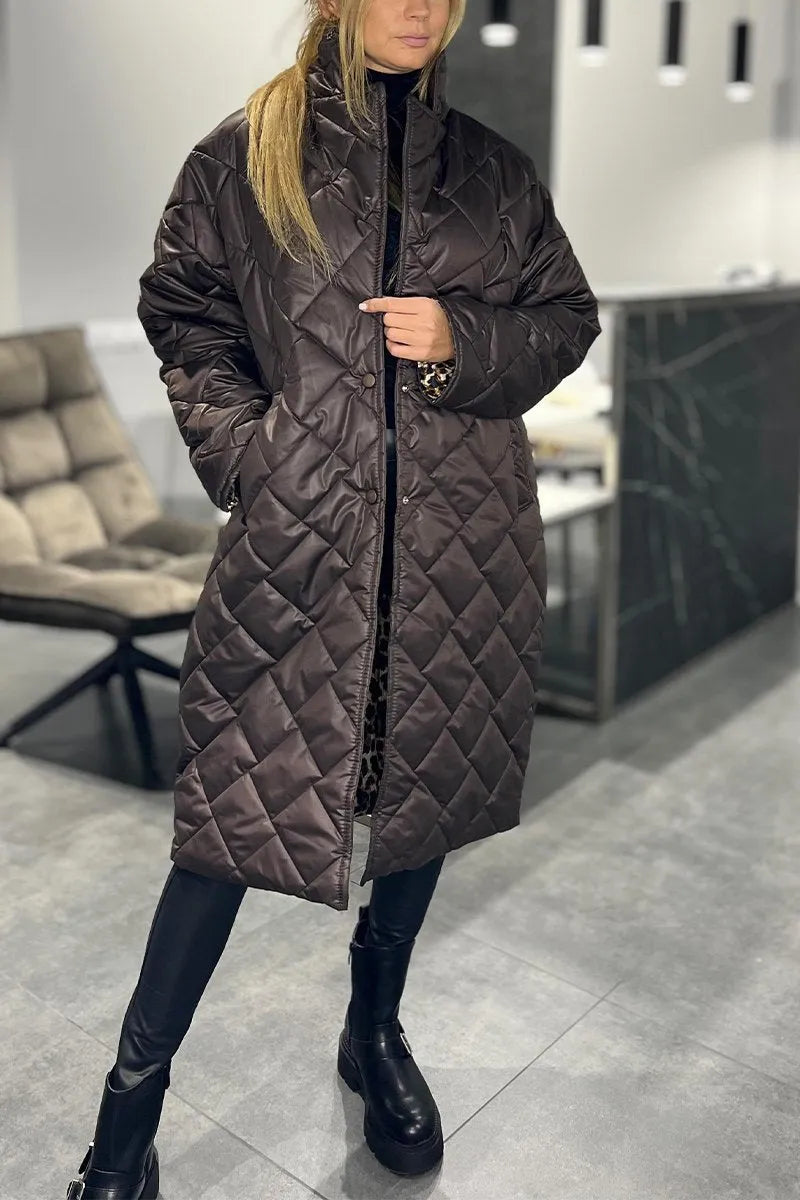 Josephine | Women's Diamond Quilted Coat with Leopard Cuff Detail