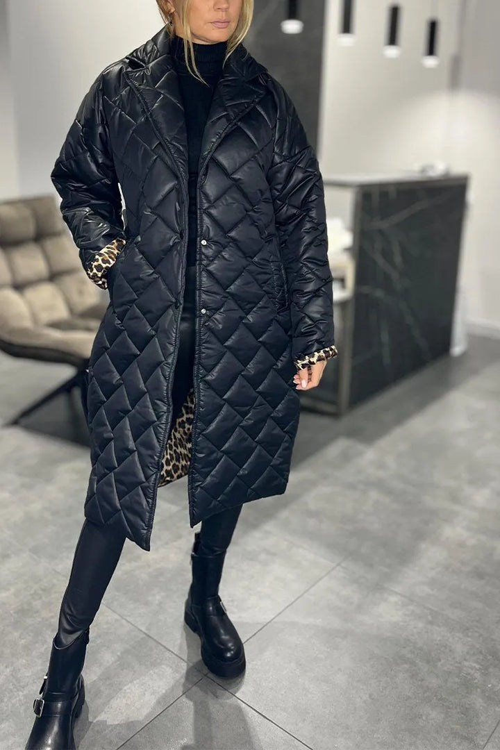 Josephine | Women's Diamond Quilted Coat with Leopard Cuff Detail