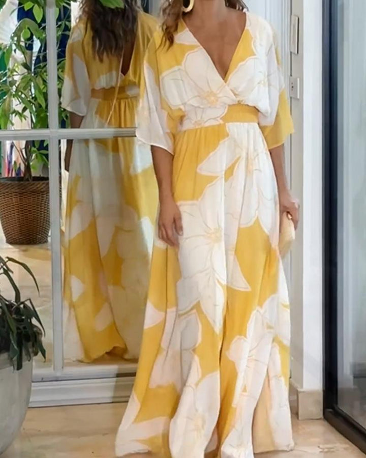 Bold Floral Flutter Sleeve Twist Front Flowy Maxi Dress