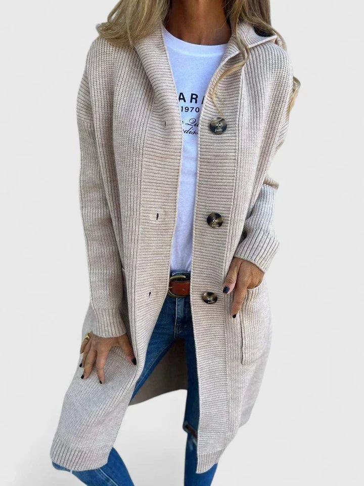 Cordelia | Women's Longline Ribbed Duster Cardigan with Button Collar