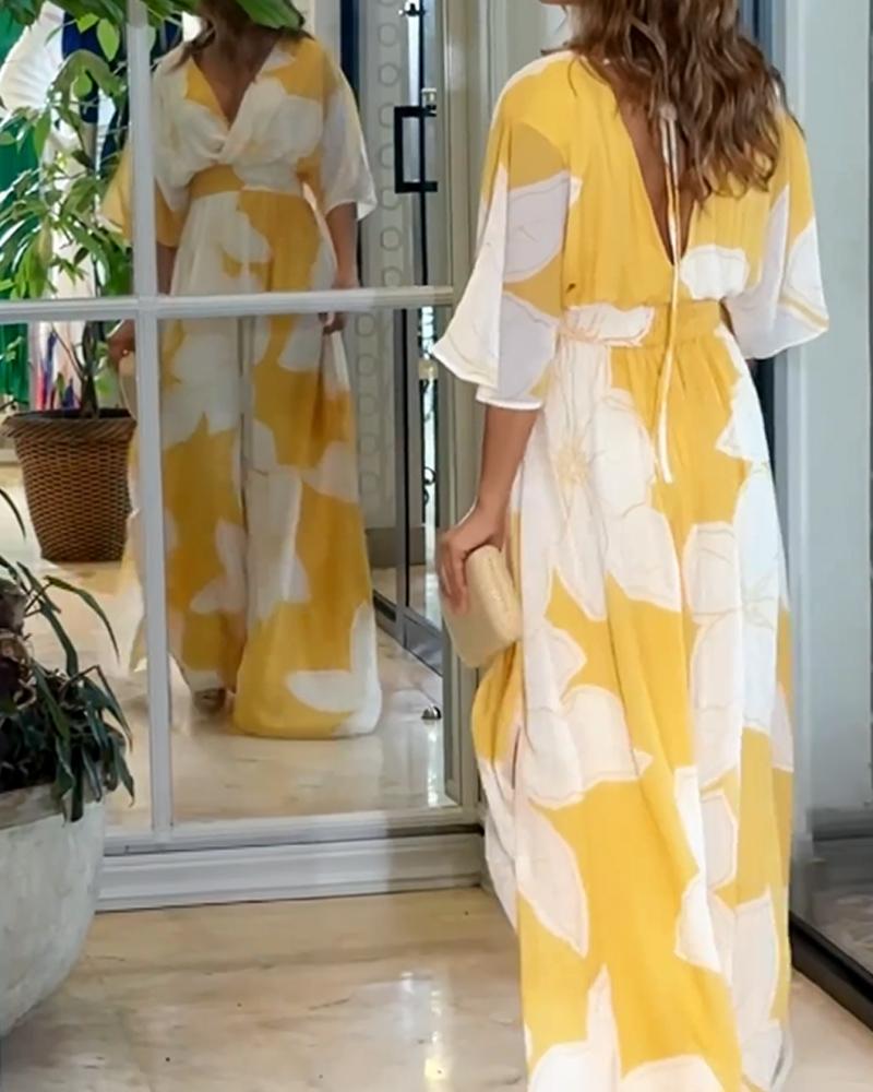 Bold Floral Flutter Sleeve Twist Front Flowy Maxi Dress