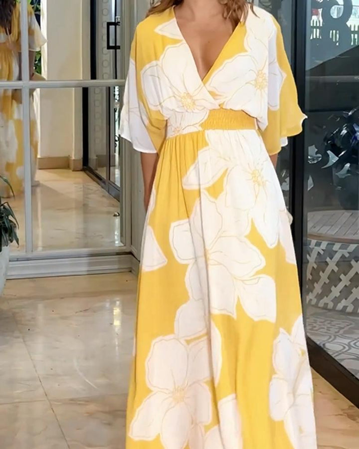 Bold Floral Flutter Sleeve Twist Front Flowy Maxi Dress