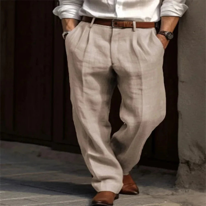 Pleated Front Relaxed Straight Leg Casual Linen Pant