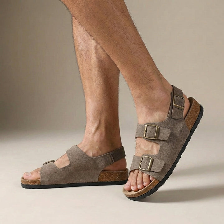 Suede Double Buckle Strap Cork Footbed Slingback Sandal