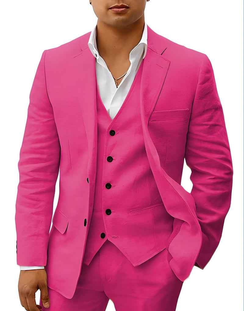 Notch Lapel Single Button Three Piece Linen Suit
