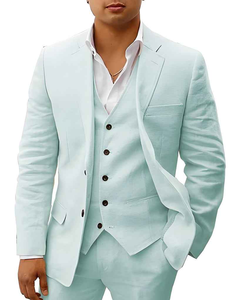 Notch Lapel Single Button Three Piece Linen Suit